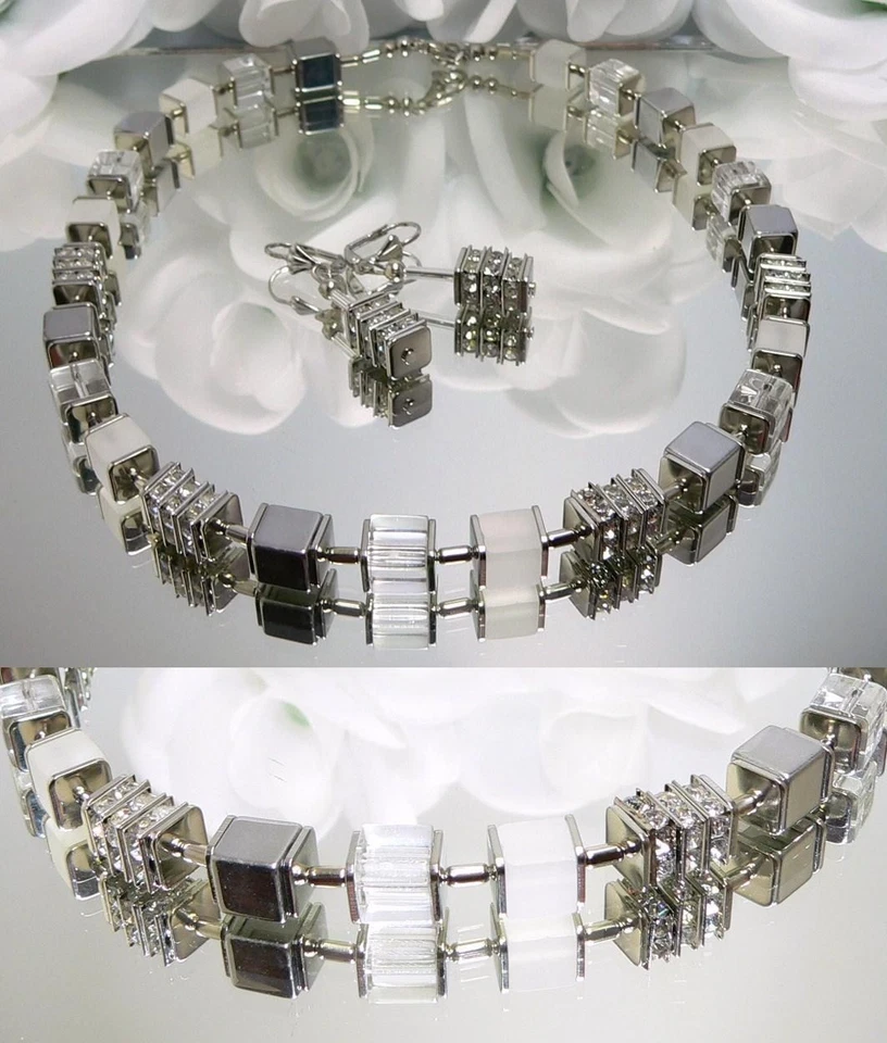 3er Schmuckset Würfel Cube Glas weiss Strass Würfelkette Armband Ohrringe 092g