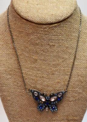 Designer Silvertone Strass Schmetterling Anhänger An 16'' Kette