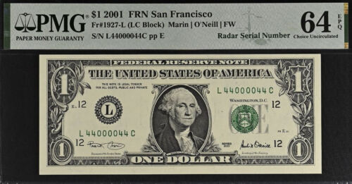 2001 $1 Federal Reserve Note PMG 64EPQ - Birthday - Radar Serial Number 44000044 - Picture 2 of 3