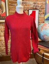 Denim & Co Red Mock Neck Ribbed Pull-over Sweater Button Detail New