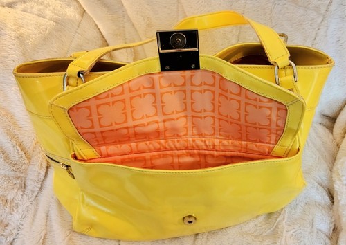 Vintage Retro Liz Claiborne Neon Yellow Boho Faux Patent Leather Satchel Purse - Picture 6 of 18