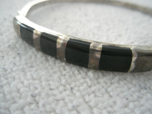Silver Tone BRACELET w/ Black Enamel Bands & Hinged Closure - Picture 2 of 6