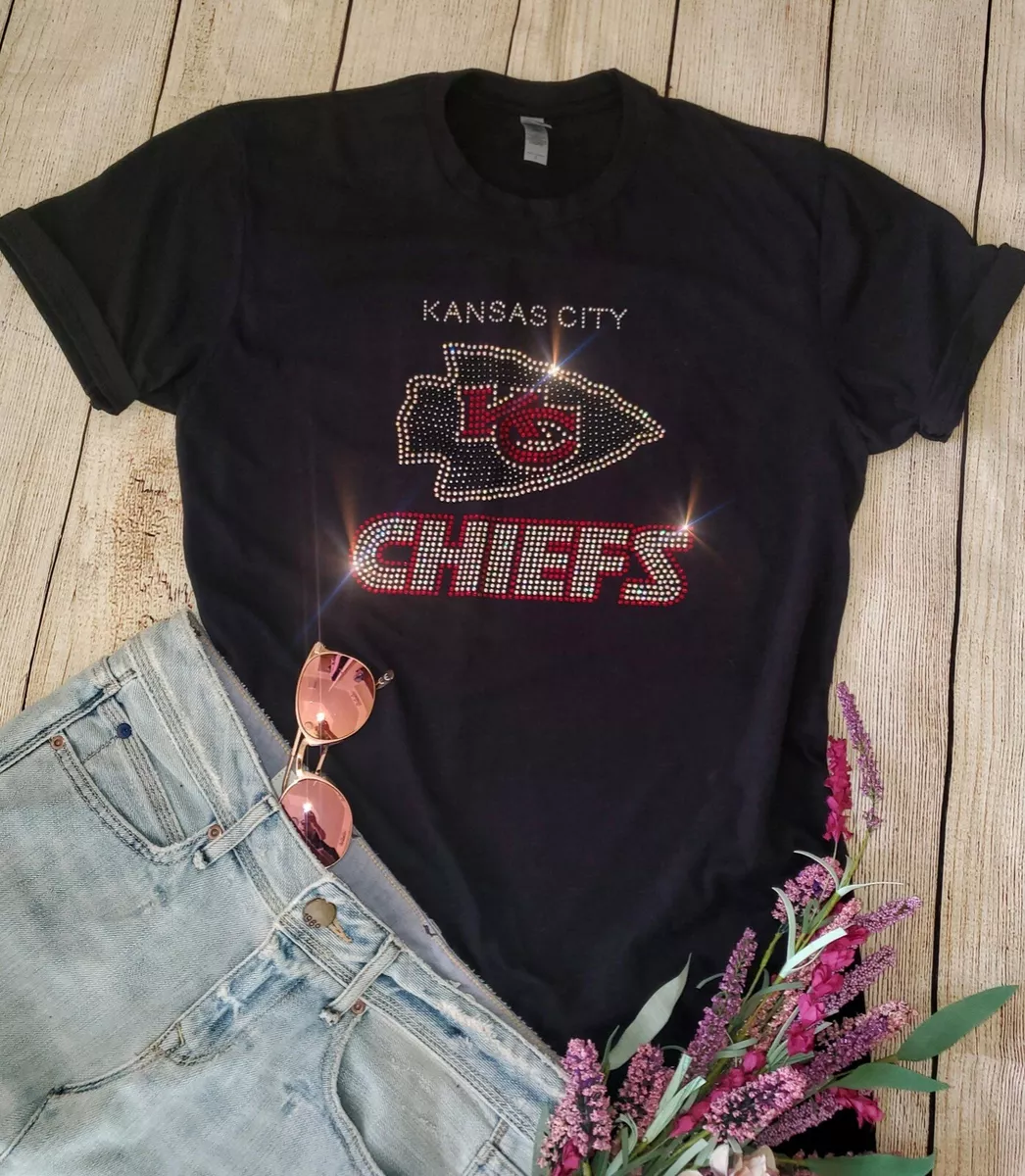 Kansas City Chiefs UNISEX New Crewneck or VNeck Bling Tshirt for Women Sm  -4X