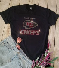 Kansas City Chiefs UNISEX New Crewneck or VNeck Bling Tshirt for Women Sm -4X