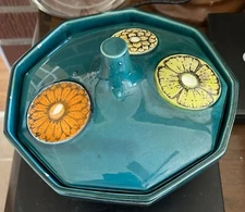 Octagon Shaped Bowl  Floral Lid Green Orange Yellow MCM Japan