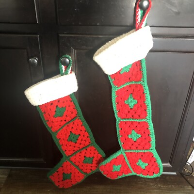 2 Vintage Handmade Granny Square Crochet Christmas Stocking Green Red  23 + 18''