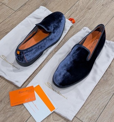 $760 Mens SANTONI Smooth Velvet Evening Shoes Smoking Slippers Blue US 9