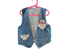Vintage 90s Cherokee Denim Jean Lace Rose Vest Girls S