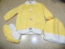 Handmade Knit White and Yellow Baby Sweater, Hat and Booties Set Newborn NEW