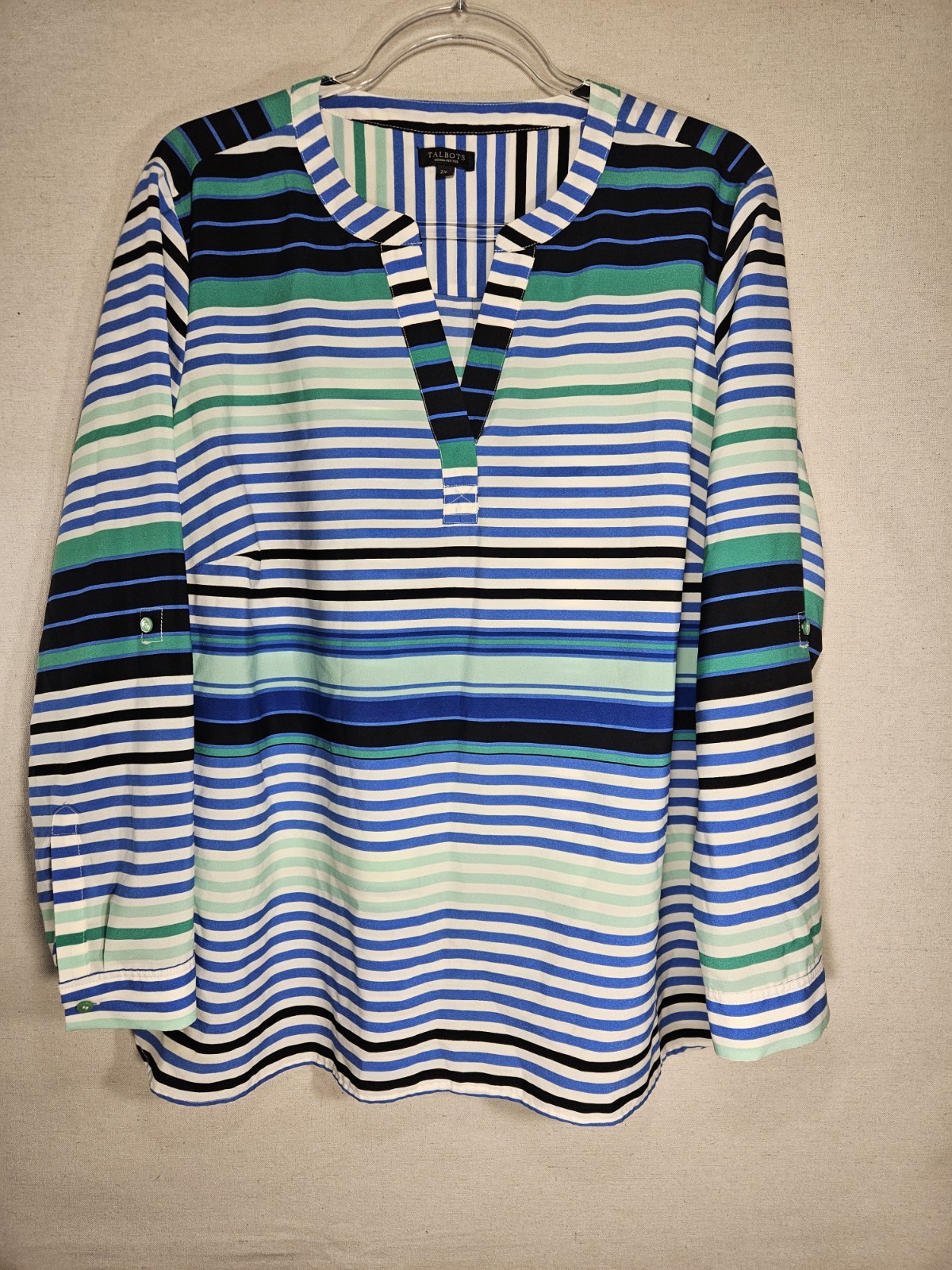 Talbots Women's Long Tab Sleeve Blouse Blue Green White Striped Size 2X Petite