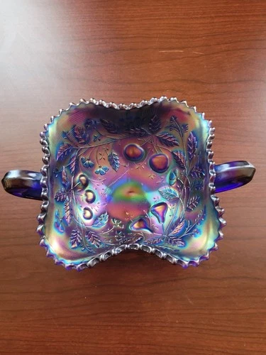 Pretty Electric Blue Northwood Carnival Glass Fruits & Flowers Bonbon