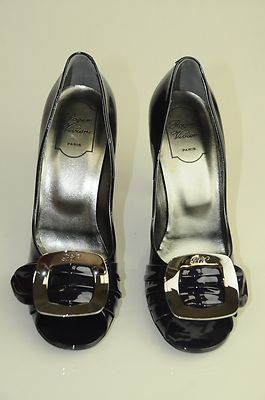 Escarpins Roger Vivier Spuntata GIGI - Cuir Verni Marron - Boucle Argentée - Taille 40 - Neuf Avec Boîte