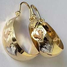 Wide solid 14k yellow gold hoop earrings with 3 color Hearts 1.25 inches
