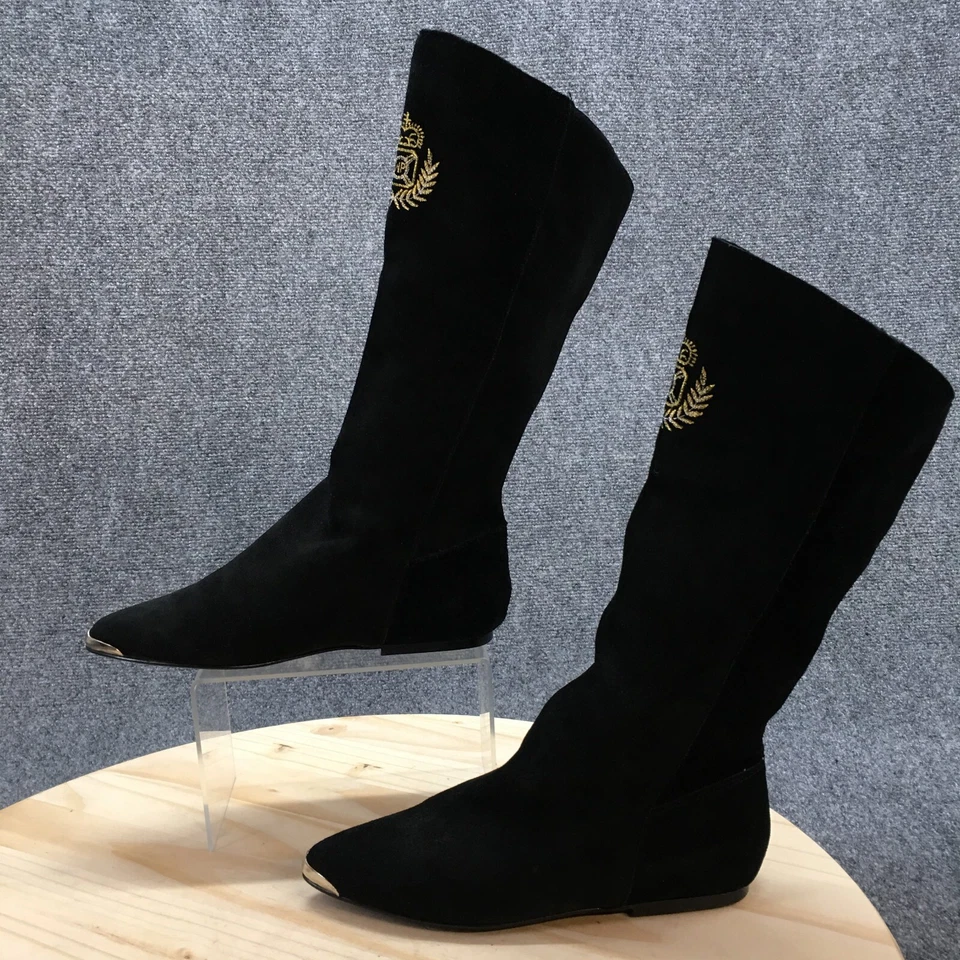 Wild Pair Boots Womens 7.5 B Almond Toe Mid Calf Riding Black Leather Pull On - Image 2 of 4