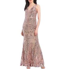 IGNITE Evenings Rose Gold Metallic Glitter Sequin V-Neck Maxi Gown Dress 6  S