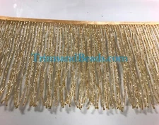 By the Yard-6" Glass GOLD BUGLE Seed Beaded Fringe Lamp Costume Trim 