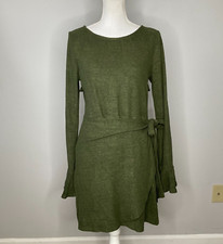 Lulus Favorite Tune Olive Green Faux Wrap Sweater Dress Womens Large