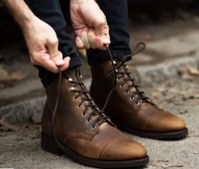 Mens Antique brown Lace up Leather ankle boot, Men antique look Cap toe boots