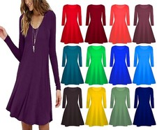  New Women Ladies Long Sleeve Swing Dress Flared A Line Skater Dress Top UK 8-26