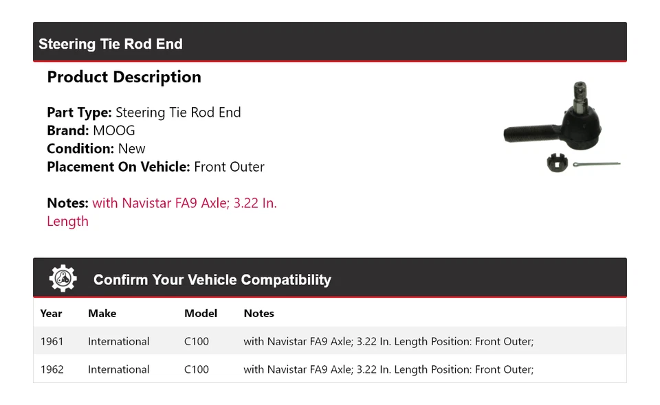 Para 1961-1962 International C100 Barra de dirección Extremo Delantero Exterior MOOG Foto 2 de 4