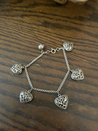 925 Sterling Silver 3D Heart Charm Bracelet Free Shipping 7” - Picture 6 of 8