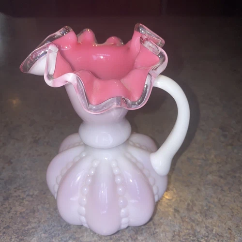 Fenton Silver Crest Melon Style White/Pink Milk Glass Ruffled/Crimp Pitcher/Vase