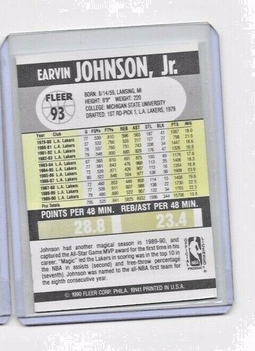 Tarjeta de baloncesto Fleer Magic Johnson #93 1990 Los Angeles Lakers - Imagen 2 de 3