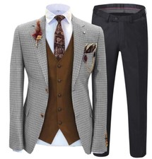 Men's Gray Houndstooth Blazer Slim Fit Business Tuxedo Wedding Prom Casual Suit