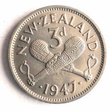 1947 NEW ZEALAND 3 PENCE - Excellent Coin - FREE SHIP - Zealand 3p Bin