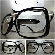 CLASSIC VINTAGE RETRO Style Clear Lens EYE GLASSES Large Black & Silver Frame