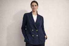 J McLaughlin Blazer Womens 10 Navy Linen Double Breasted Career Jacket