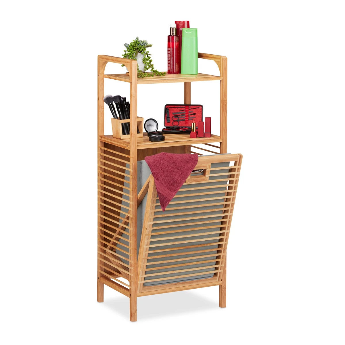 Estantería de baño con cesta de lavandería caja plegable para ropa 2 estantes extraíbles ahorro de espacio