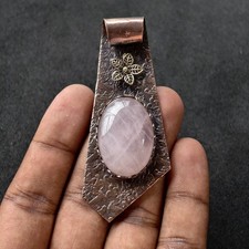 Copper Wire Wrapped Rose Quartz Pendant Necklace Handmade Pink Crystal Jewelry