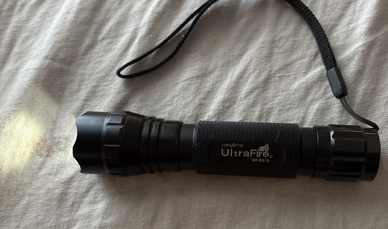New! Ultra Fire WF-501B, 3 Mode Flashlight, Black, Wristrap, Ultrafire w Battery
