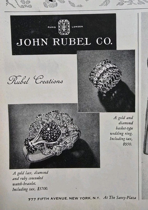 1948 John Rubel Co. wedding ring diamond ruby watch bracelet Vintage Jewelry Ad 