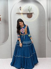 Women Readymade Pure Cotton Teal Blue Navratri Chaniya Choli Kutch Embroidery XL