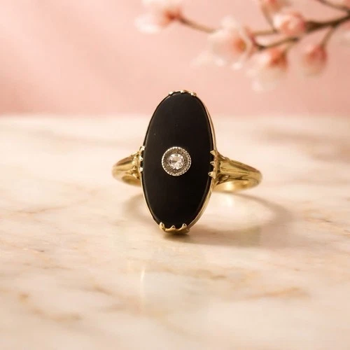 Vintage 14K Gold Black Onyx Ring Diamond Accent Art Deco Style Estate Jewelry
