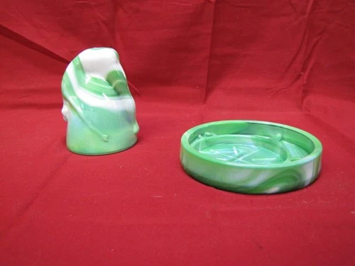 Vintage Green & White Marble Bottoms Up Glass with Holder #2