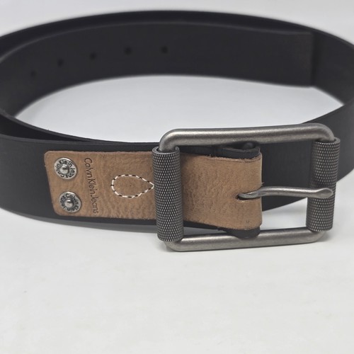 Calvin Klein Jeans Black Genuine Leather Belt Size 40 75089 Silver Buckle - Picture 2 of 11