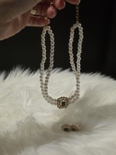 VINTAGE STYLE Multistrand Faux Pearl Green Emerald  Necklace Choker+Earring Set