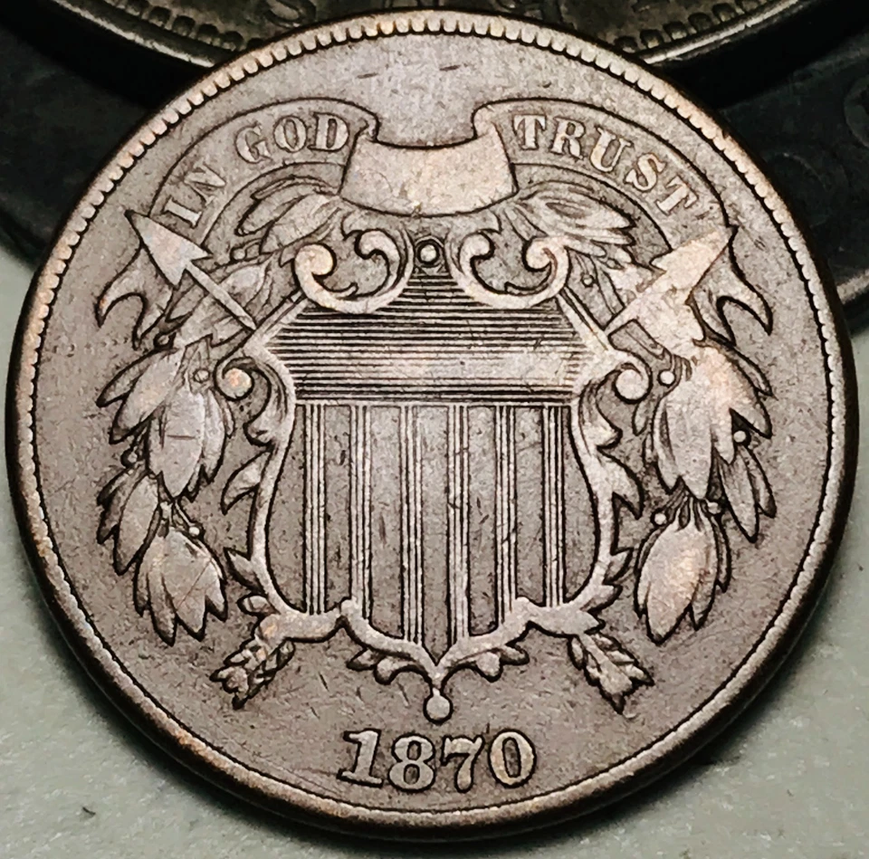 1870 Two Cent Piece 2C Ungraded Circulated US Copper Coin CC27648 - Image 3 of 4