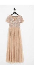 Maya Maternity Bridesmaid short sleeve maxi tulle dress size 14 in taupe blush.