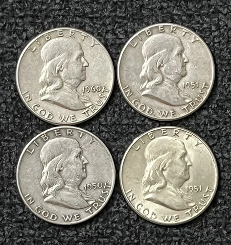 4-Coin Lot • 1960, 1950, 1951 (2x) Franklin Half Dollars 90% Silver - $2 Face