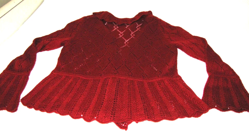 VTG White Stag Red Tie Front Ruffled Cardigan Sweater Long-Sleeve Bell-cuff Wm.L - Image 4 of 4