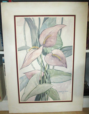 1985 FLORAL WATERCOLOR PRINT BY MARGIE KOPP Anthuriums Matted 19 1/2'' x 27''