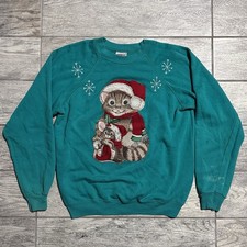 Vintage Cat Christmas Sweatshirt Size L Hanes Kitten Green 90s Hand Painted