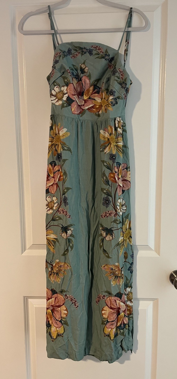Farm Rio Embroidery Inspired Maira Dress Blue Floral Tie Back Maxi Petite Sz 0-2
