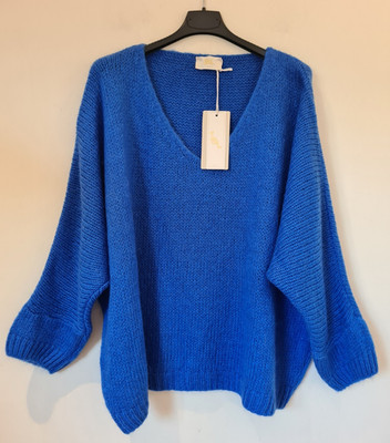 J&L Paris Mohair Wollmischung Pullover V-Ausschnitt Blau Oversize Strick UK 10-16 Neu mit Etikett
