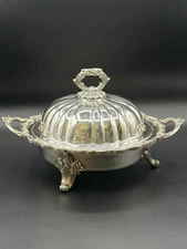 Vintage Silverplate Footed Serving Dish w/ Lid Ornate Handles & Legs 10"