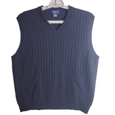 Brooks Sport V Neck Ribbed Sweater Vest Mens Medium Navy Blue 100% Lambswool